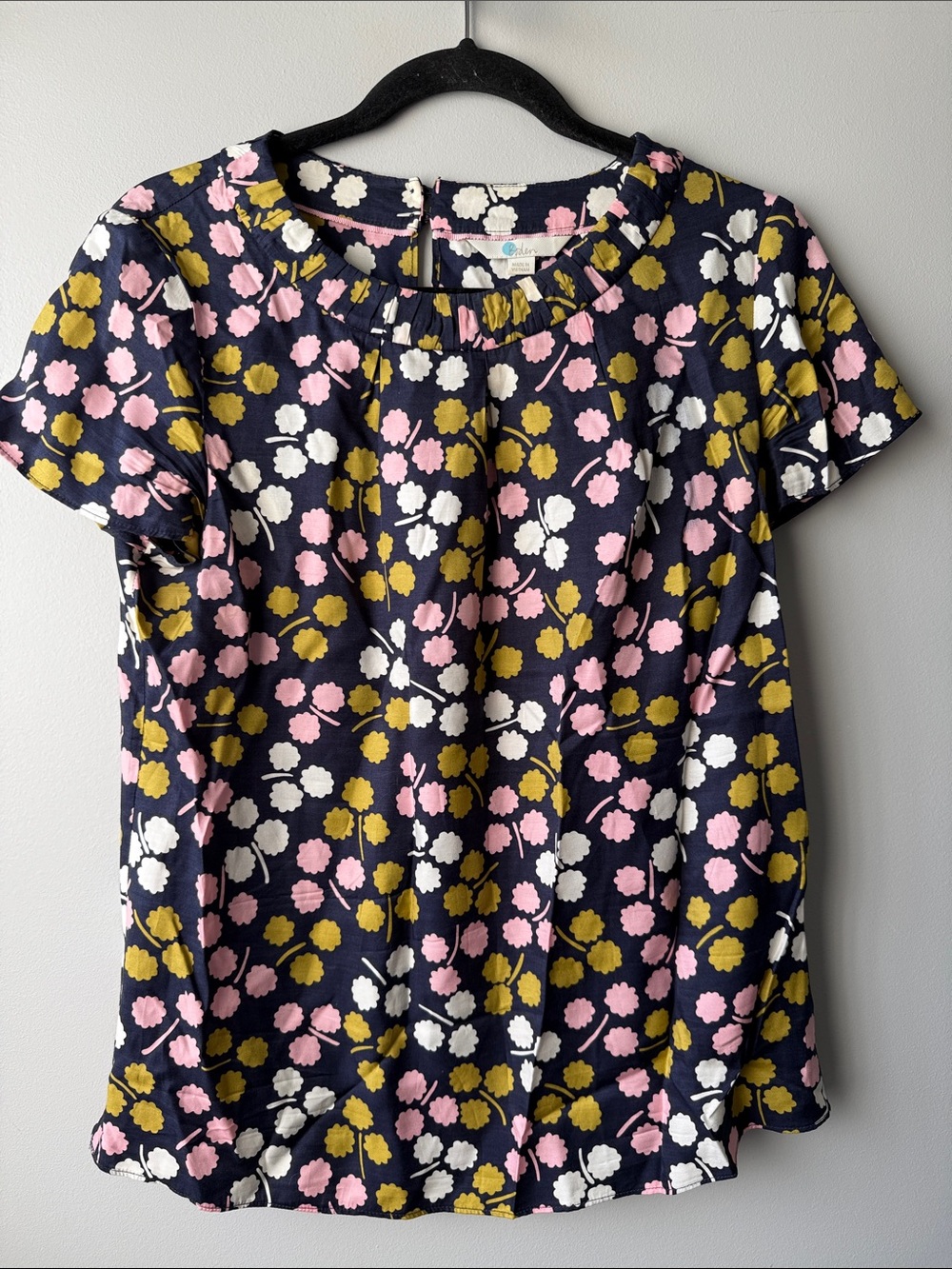 Boden Navy Blouse with Pink, White & Mustard Floral Print silk blend 8